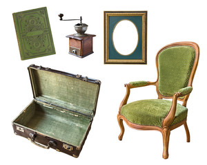 Set of 5 gorgeous old vintage items. Suitcase, book, coffee grinder, frame, chair. Isolated on white background.