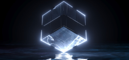 Futuristic Sci Fi Grunge Concrete Reflective Dark Room With Huge Rotated Cube Shape Glowing With White Ice Led Lights On Edges Technology Background Lasers Club 3D Rendering