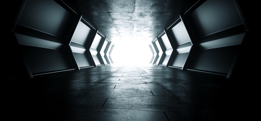 Sci Fi Futuristic Alien Ship Reflective Empty Bright Tunnel Corridor With Reflective Metal Texture And Grunge Concrete Floor Empty Space For Text Background Technology 3D Rendering