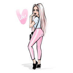 Vector cute girl in stylish clothes. Beautiful young woman