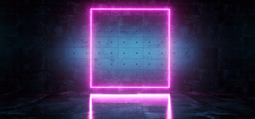 Sci Fi Background Dark Concrete Futuristic Modern Empty Room With Neon Glowing Purple Vibrant Pink Rectangle Shaped Neon Tube Frame Light With Reflection 3D Rendering