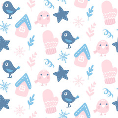 Vector winter seamless pattern. Cute background with holiday symbols.