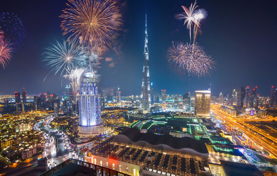 Fireworks display at town square of Dubai downtown