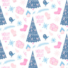 Vector winter seamless pattern. Cute background with holiday symbols.