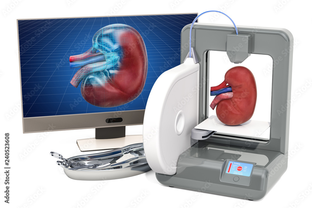 Poster creating artificial kidney on three dimensional printer, 3d printing in medicine concept. 3d renderi