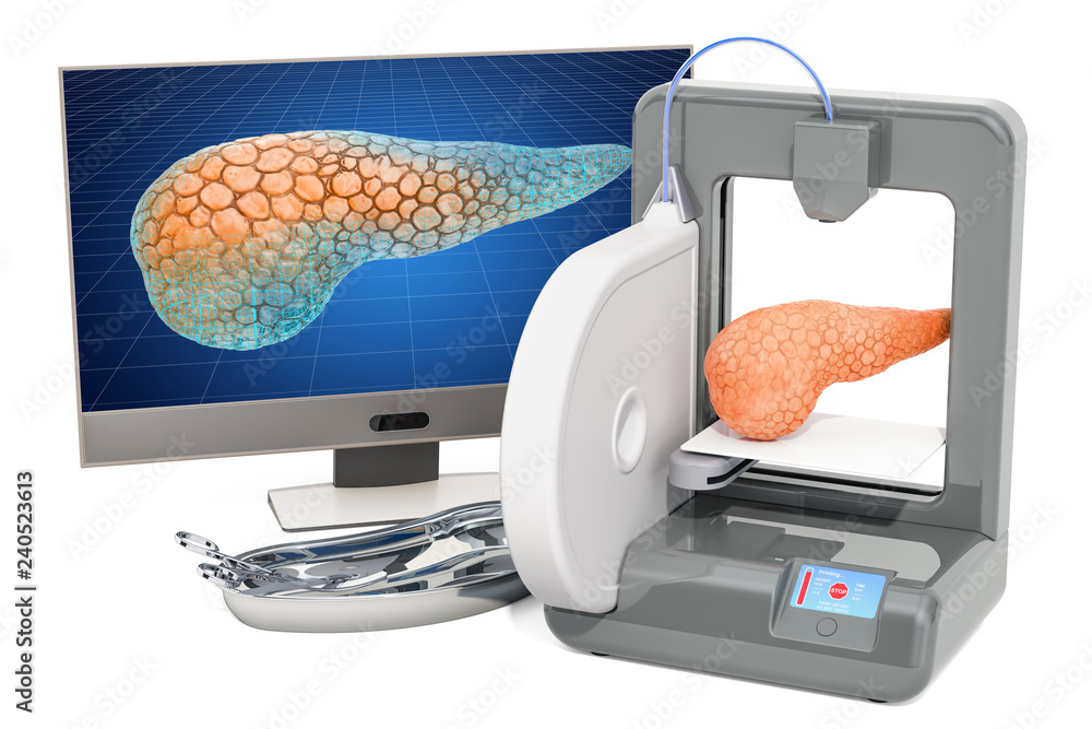Poster creating artificial pancreas on three dimensional printer, 3d printing in medicine concept. 3d rende