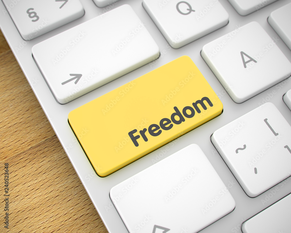 Poster freedom - message on yellow keyboard button. 3d.