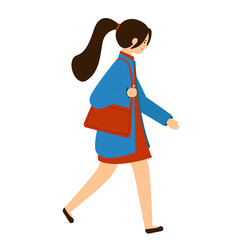 A young woman, a girl in a dress, a coat with a lady's bag walking.