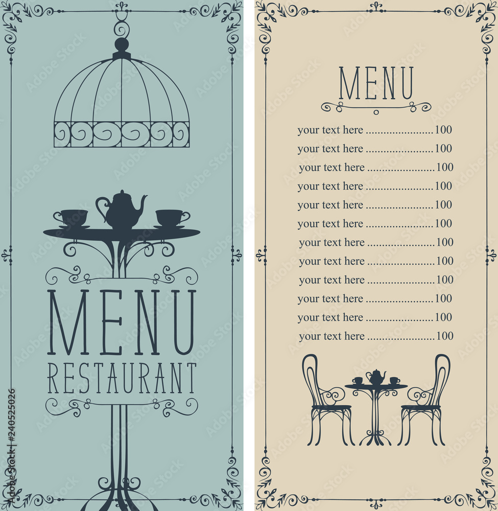 Poster vector menu for restaurant or cafe with a price list and a table for two, chairs and tea in a figure