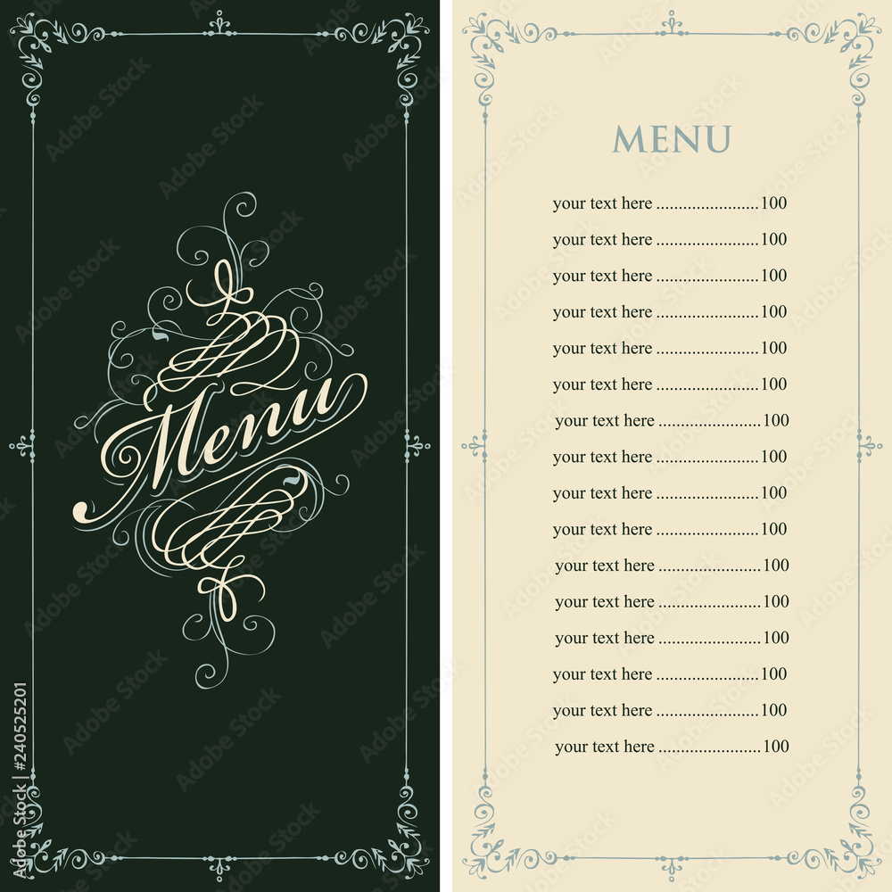 Poster vector menu for restaurant or cafe with a price list and a calligraphic inscription in a figured fra