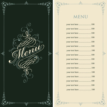 Vector menu for restaurant or cafe with a price list and a calligraphic inscription in a figured frame with curls in the Baroque style on the black and beige background.