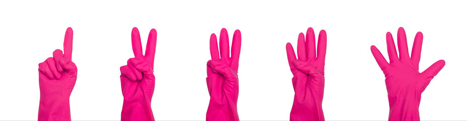 Signs made of pink protective gloves. Fingers symbol one two three four five. Isolated on white. The concept of cleanliness and order.