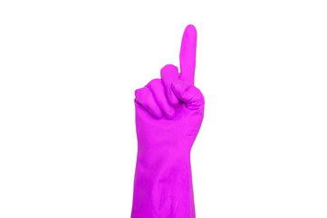 Signs made of magenta protective gloves. Fingers symbol one. Isolated on white. The concept of cleanliness and order.