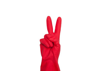 Signs made of red protective gloves. Fingers symbol two. Isolated on white. The concept of cleanliness and order.