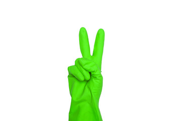Obraz premium Signs made of green protective gloves. Fingers symbol two. Isolated on white. The concept of cleanliness and order.