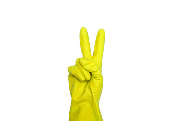 Signs made of yellow protective gloves. Fingers symbol two. Isolated on white. The concept of cleanliness and order.