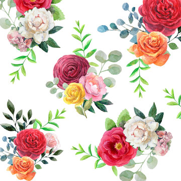 Watercolor colorful pattern with orange,red, yellow roses,white and pink peonies,leaves .Floral compositions in trend style for wedding invitations,greeting cards,textile,wallpaper,wrapping. 