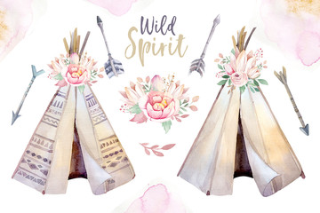 Watercolor colorful ethnic set of teepee and flowers bouquets in native American style.Tribal Navajo isolated wigwam illustration ornament on white background.