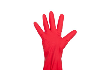 Obraz premium Signs made of red protective gloves. Fingers symbol five. Isolated on white. The concept of cleanliness and order.