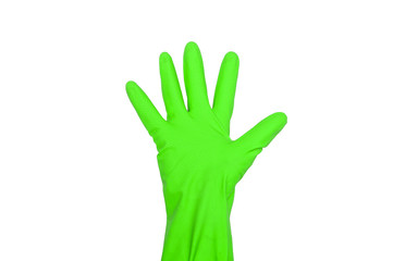 Signs made of green protective gloves. Fingers symbol five. Isolated on white. The concept of cleanliness and order.