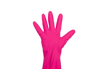 Signs made of pink protective gloves. Fingers symbol five. Isolated on white. The concept of cleanliness and order.