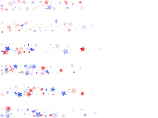 Flying red blue white star sparkles on white vector american patriotic background.