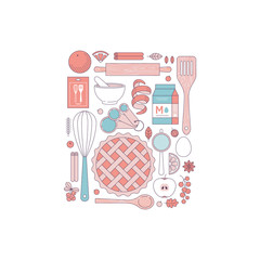 Kitchen tools collection. Kitchenware set. Bakery objects. Pie making. Flat line style. Vector illustration