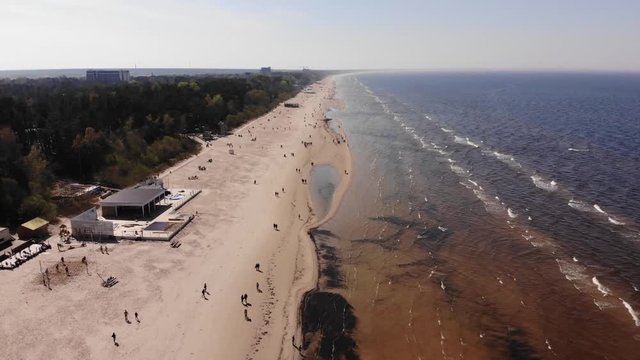 Aerial view on the Jurmala's beach near Riga, Latvia. Baltic Sea. Early spring.