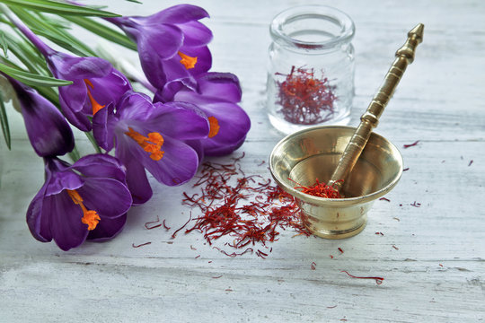Saffron With Crocus Flowers On Table 