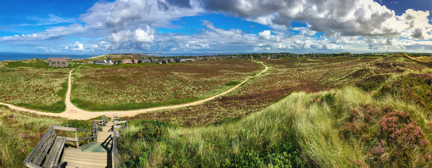 Panorama of the island Sylt, Germany, near Kampen as seen from the Uwe Dune. Kampen is a seaside resort on the island Sylt, in the district of Nordfriesland, Schleswig-Holstein. - obrazy, fototapety, plakaty