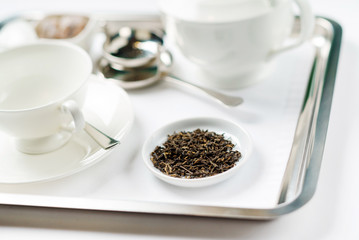 tea set on the silver tray