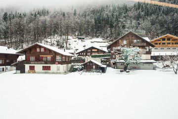 Wooden houses covered in snow in mountain region of Lauterbrunen - switzerland.