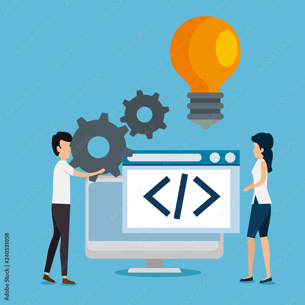 Poster man and woman teamwork with gears and computer website