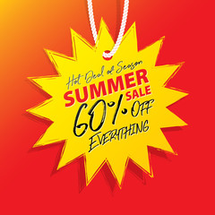 Fototapeta na wymiar Summer Sale V10 60 percent off promotion website banner heading design on price tag yellow sun shape vector for banner or poster. Sale and Discounts Concept.