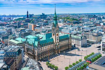 Aerial view of downtown Hamburg, Germany, and the city hall (German: Rathaus). It is the seat of...