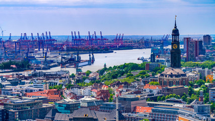Aerial view of downtown Hamburg, Germany, and the harbor.