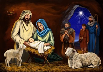 Christmas story. Christmas night, Mary, Joseph and the baby Jesus, Son of God , symbol of Christianity art illustration hand drawn painted