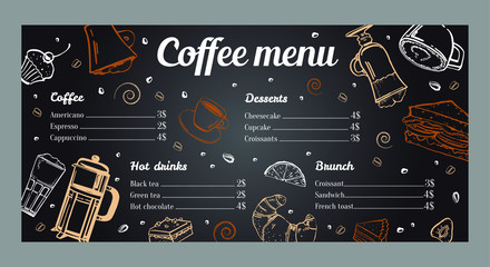 Coffee menu design template with list of hot drinks, brunch and desserts. Vector outline vintage hand drawn illustration on blackboard background