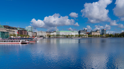 Cityscape of downtown Hamburg with the lake Inner Alster (German: Binnenalster) on a sunny day.