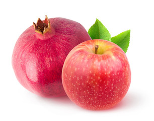 Isolated fruits. One whole pomegranate and red apple with leaves isolated on white background with clipping path