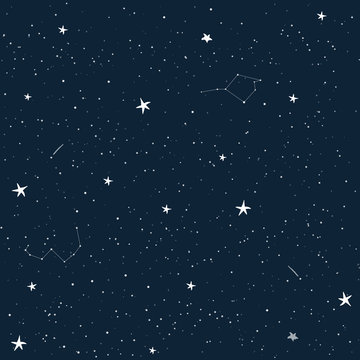 Vector seamless pattern of the night sky full of shining stars and constellations. Illustration of a starry sky. Best for fabrics, wallpapers or other prints.