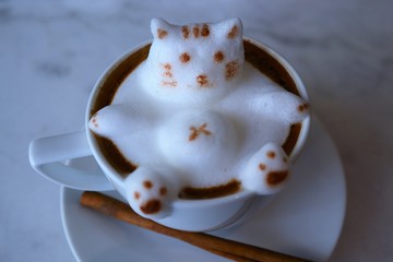 Close up Cute cat cappuccino or latte coffee art 3d on the marble table background
