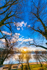 View of the lake Inner Alster (German: Binnenalster) in downtown Hamburg, Germany, at sundown.