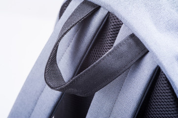 handle of a backpack close up.