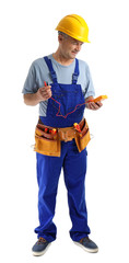 Electrician with multimeter wearing uniform on white background