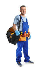 Electrician with tools wearing uniform on white background