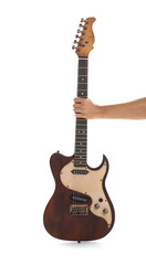 Man holding electric guitar on white background, closeup © New Africa