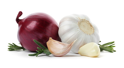 Garlic, onion and rosemary on white background