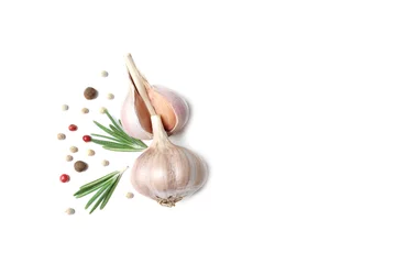 Fototapete Kräuter Composition with garlic and onion on white background, top view. Space for text