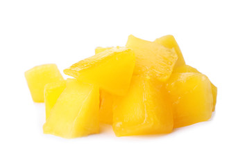 Fototapeta na wymiar Fresh juicy mango cubes on white background